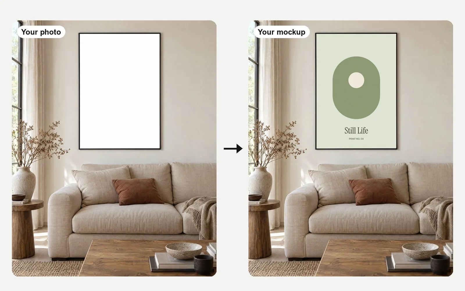 A blank poster frame in a living room photo, and the same photo with a print design placed on it