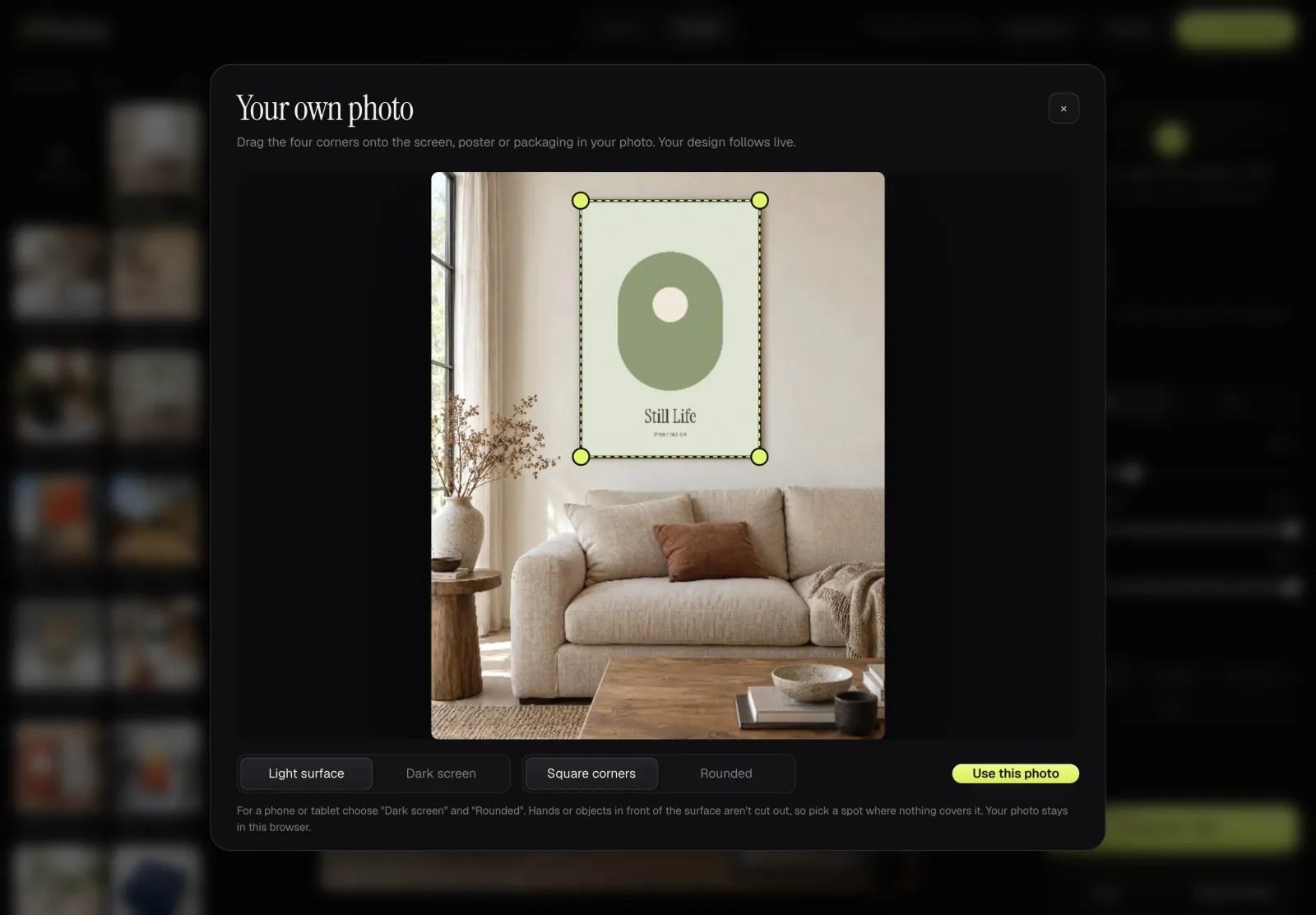 The "Your own photo" window: four corners dragged onto a poster frame, the design follows live