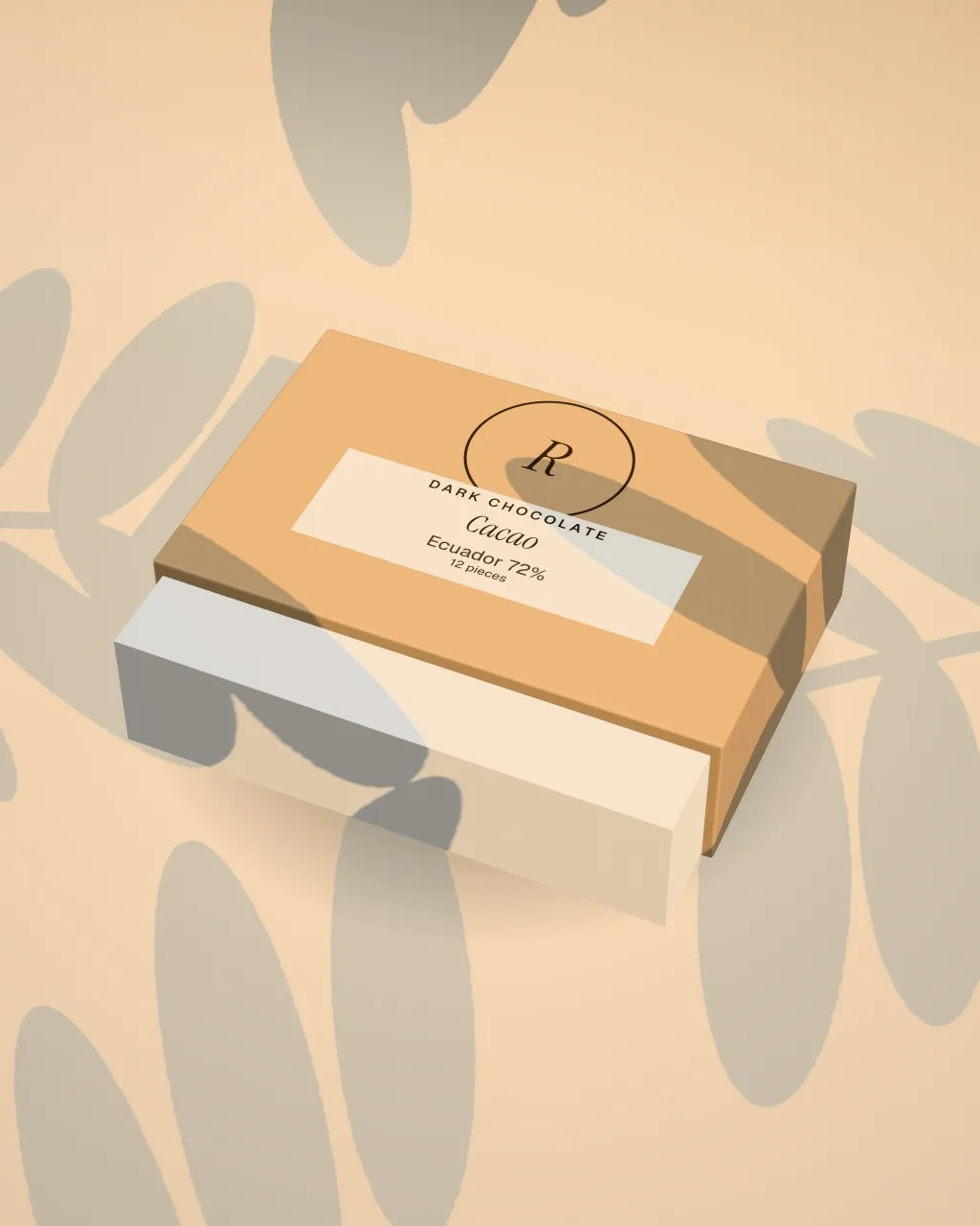 Mockup: Caja corredera bajo una luz de sol cálida, vista en ángulo