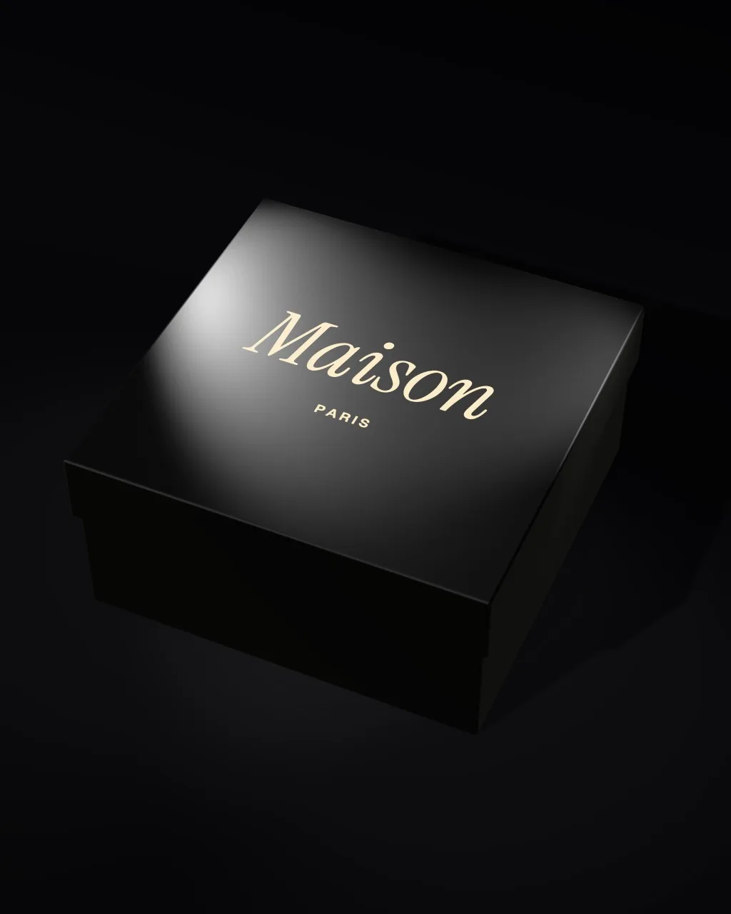 Mockup: Caja de regalo con tapa sobre negro, vista en ángulo