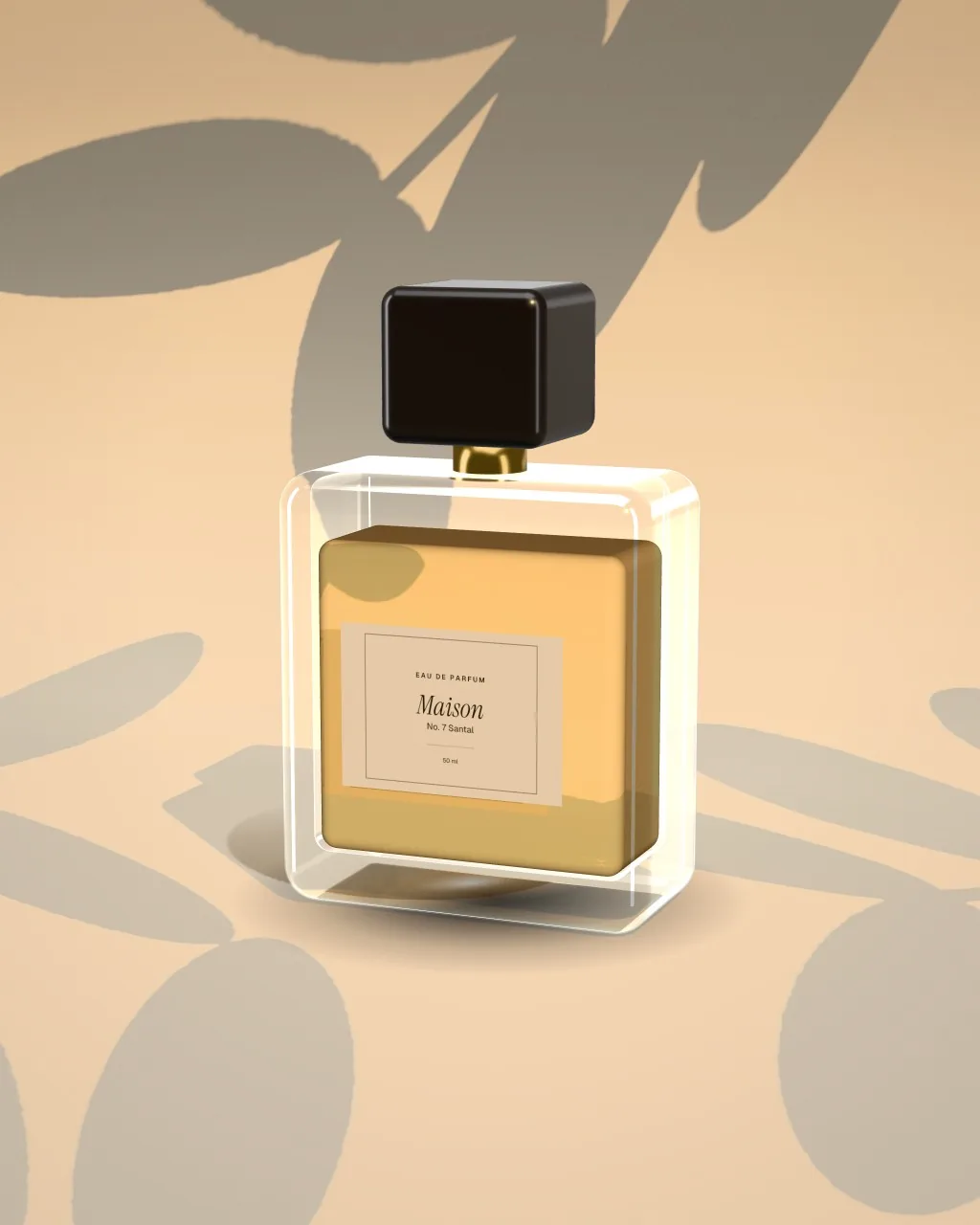 Mockup: Frasco de perfume bajo una luz de sol cálida, vista de tres cuartos
