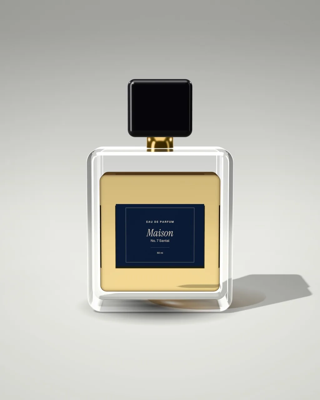 Mockup: Frasco de perfume en un estudio claro, vista frontal