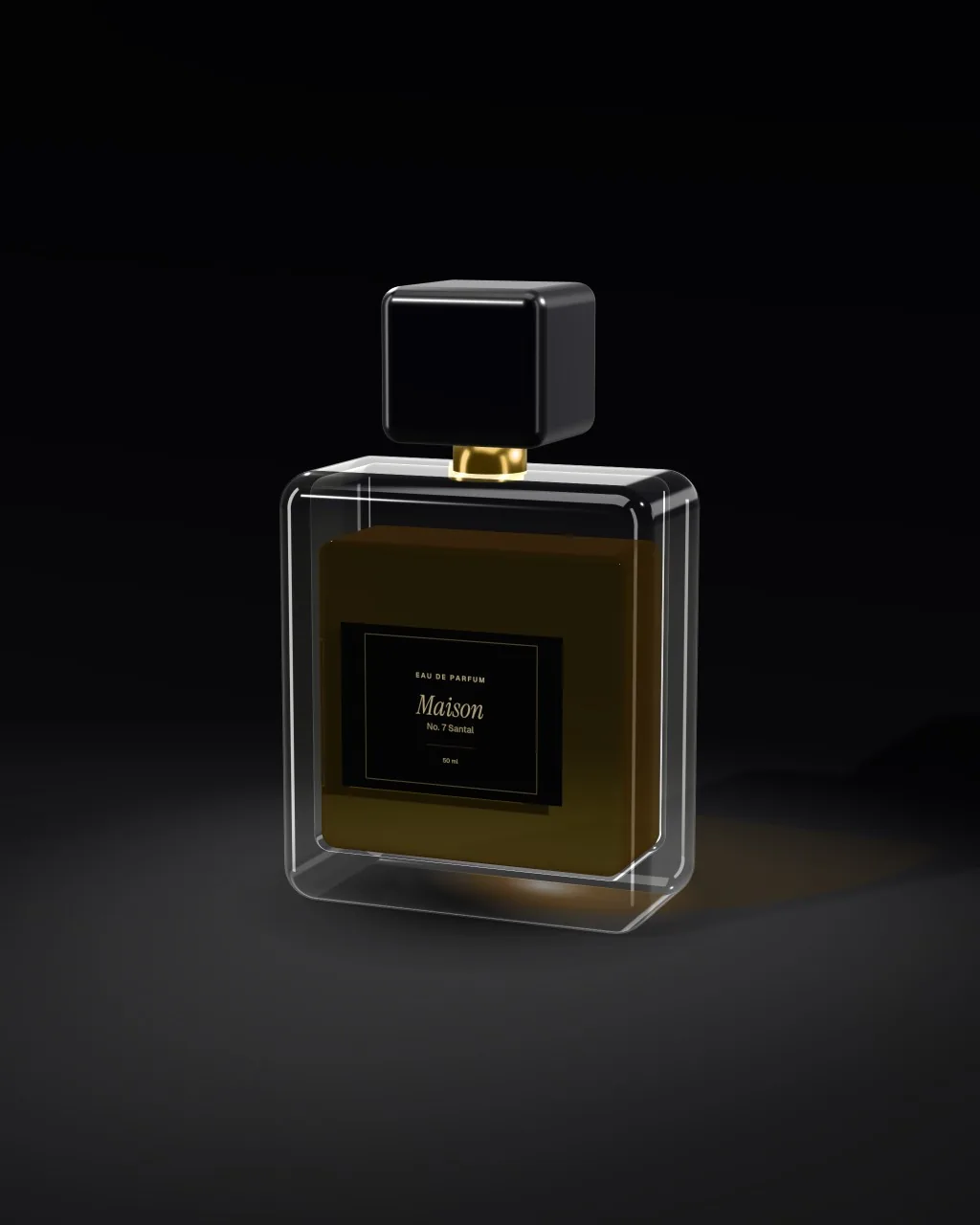Mockup: Frasco de perfume sobre negro, vista de tres cuartos
