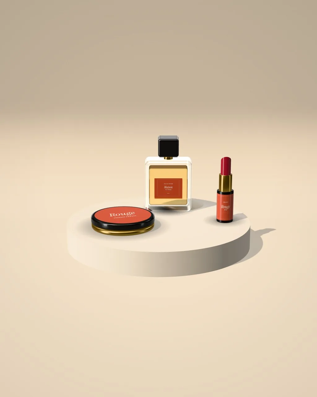 Mockup: Kit de beleza sobre um pódio cor de areia