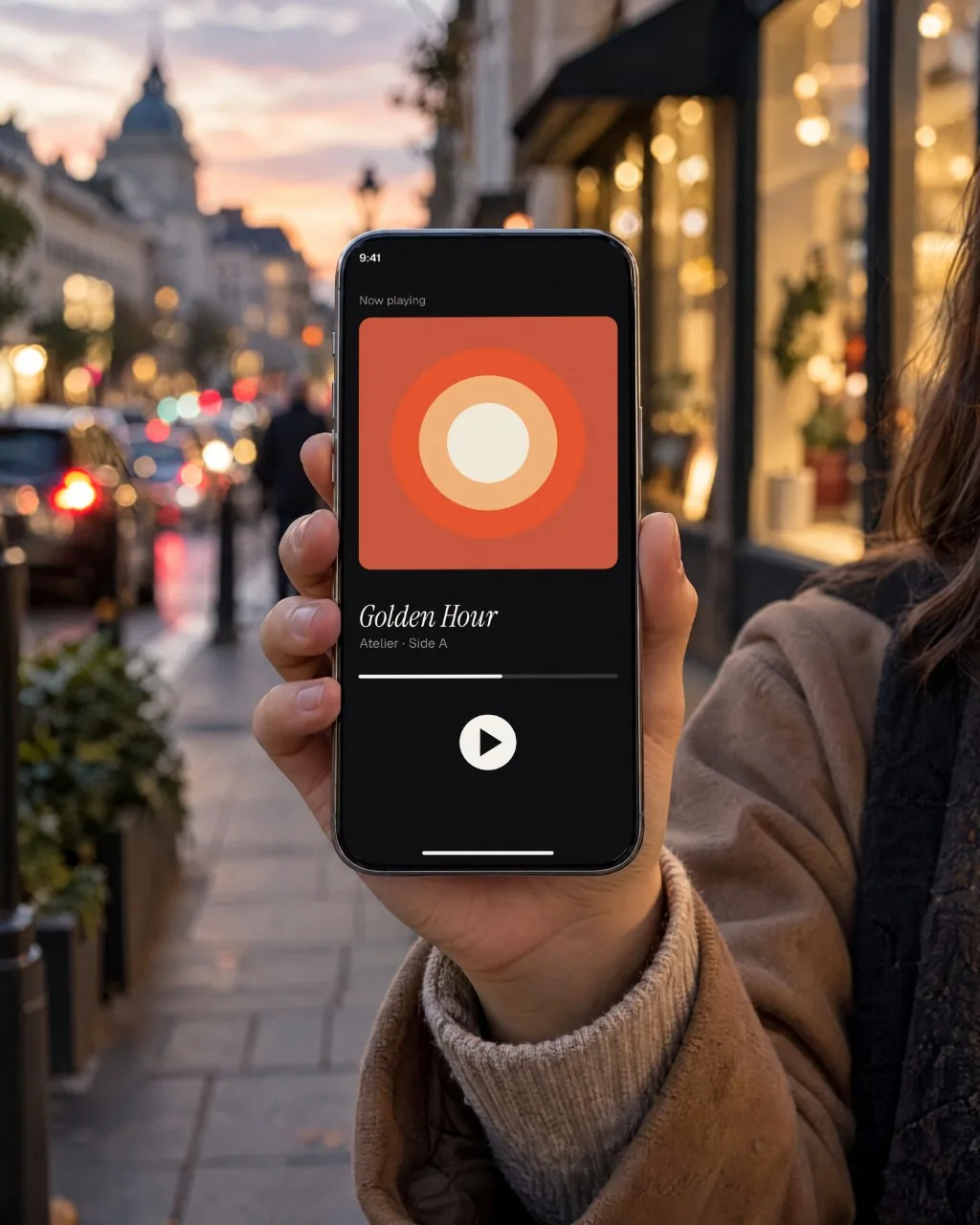 Mockup: Móvil en la mano, calle al anochecer