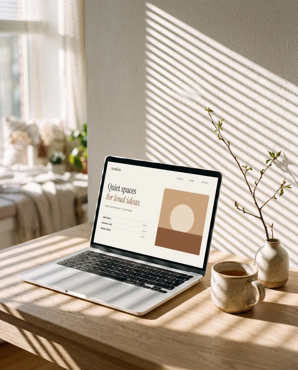 Mockup: Notebook com sombras de persiana