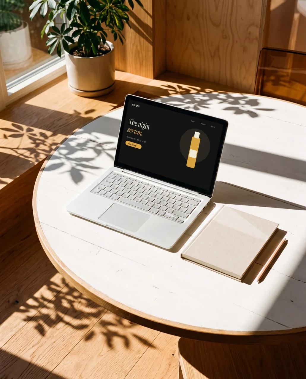 Mockup: Notebook em mesa redonda