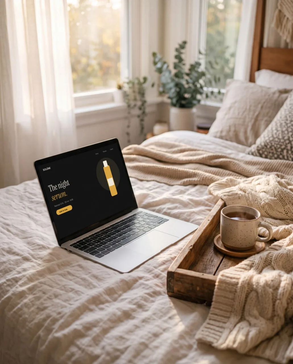 Mockup: Notebook na cama, luz da manhã