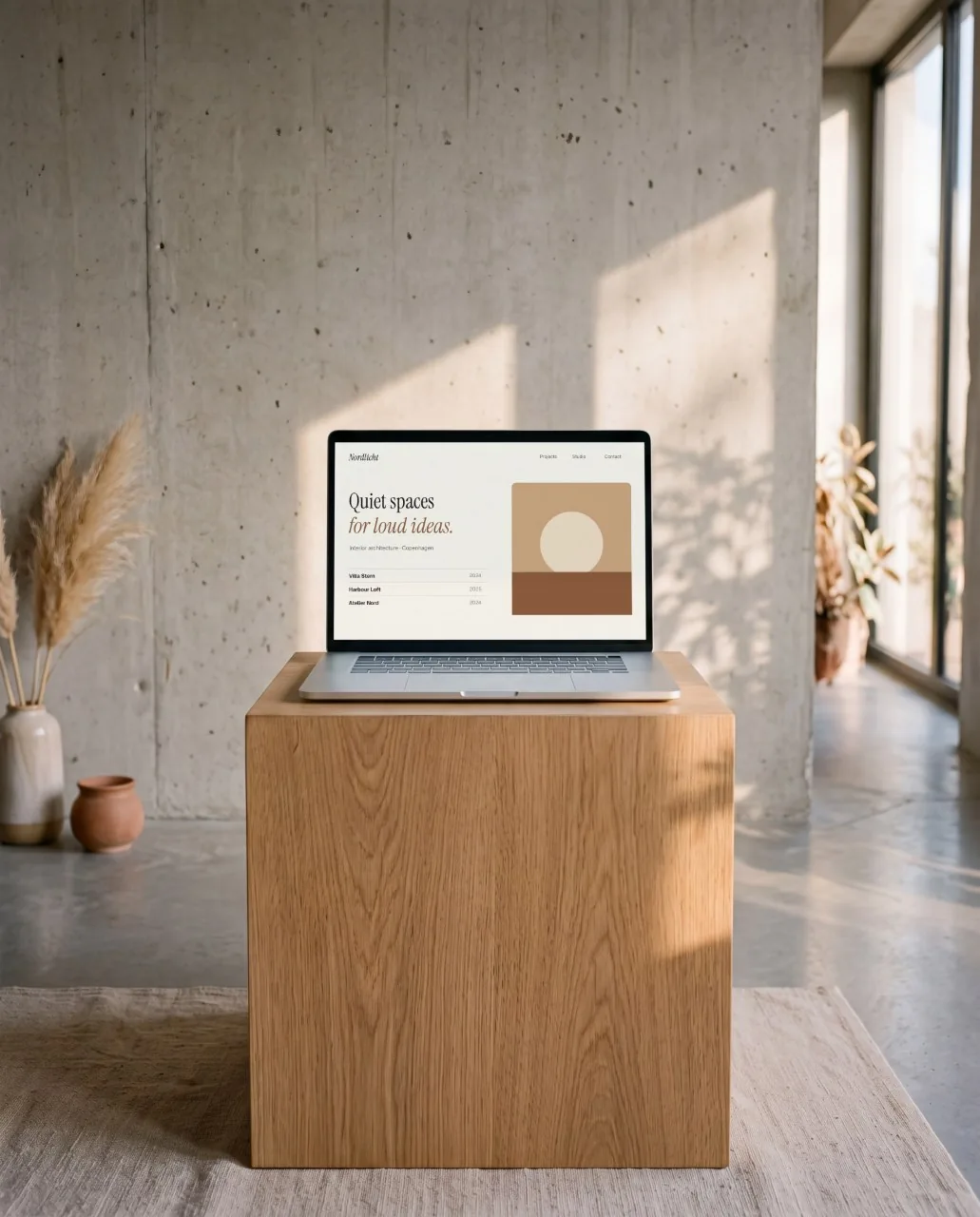 Mockup: Notebook sobre cubo de carvalho