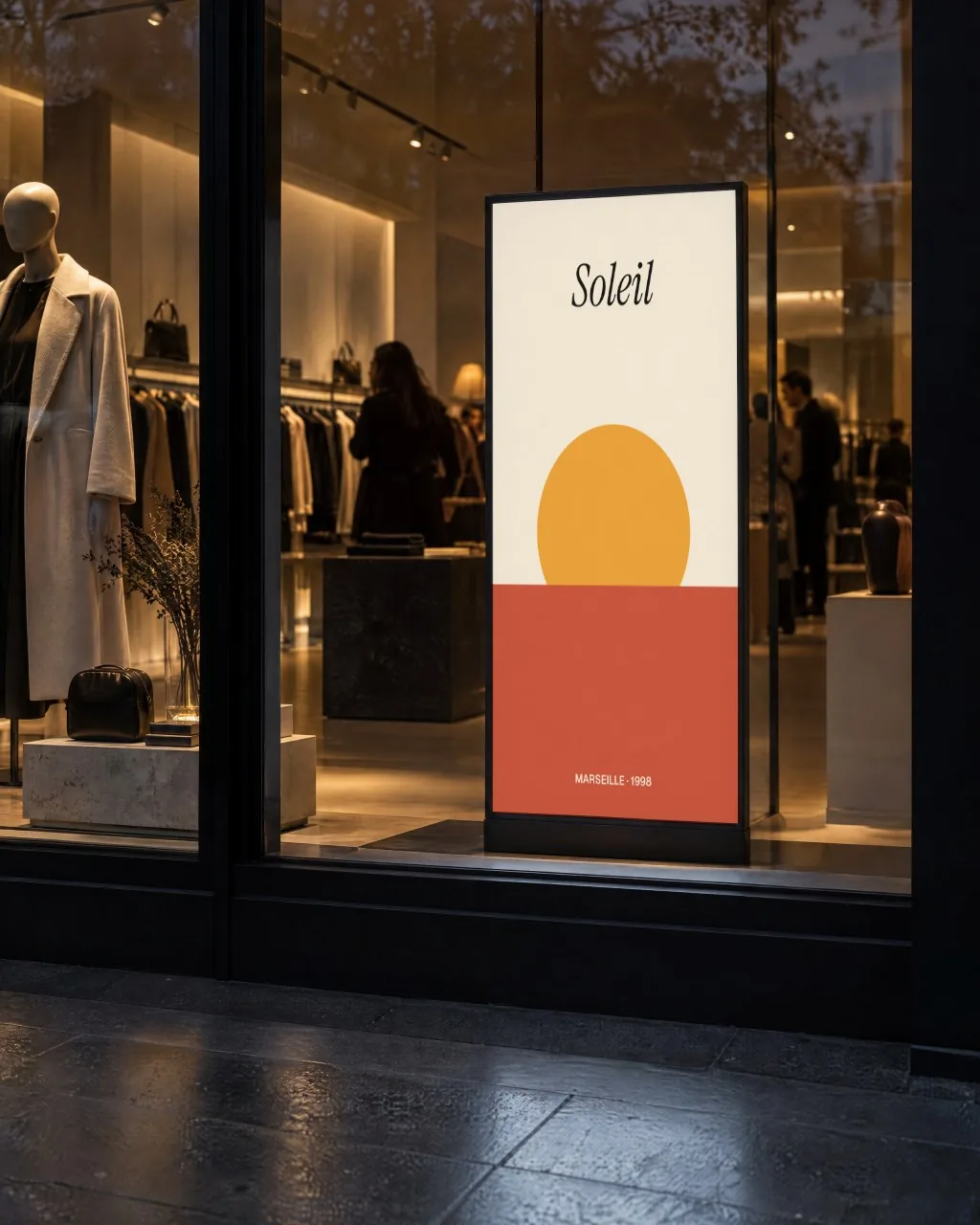 Mockup: Pantalla vertical en escaparate de boutique