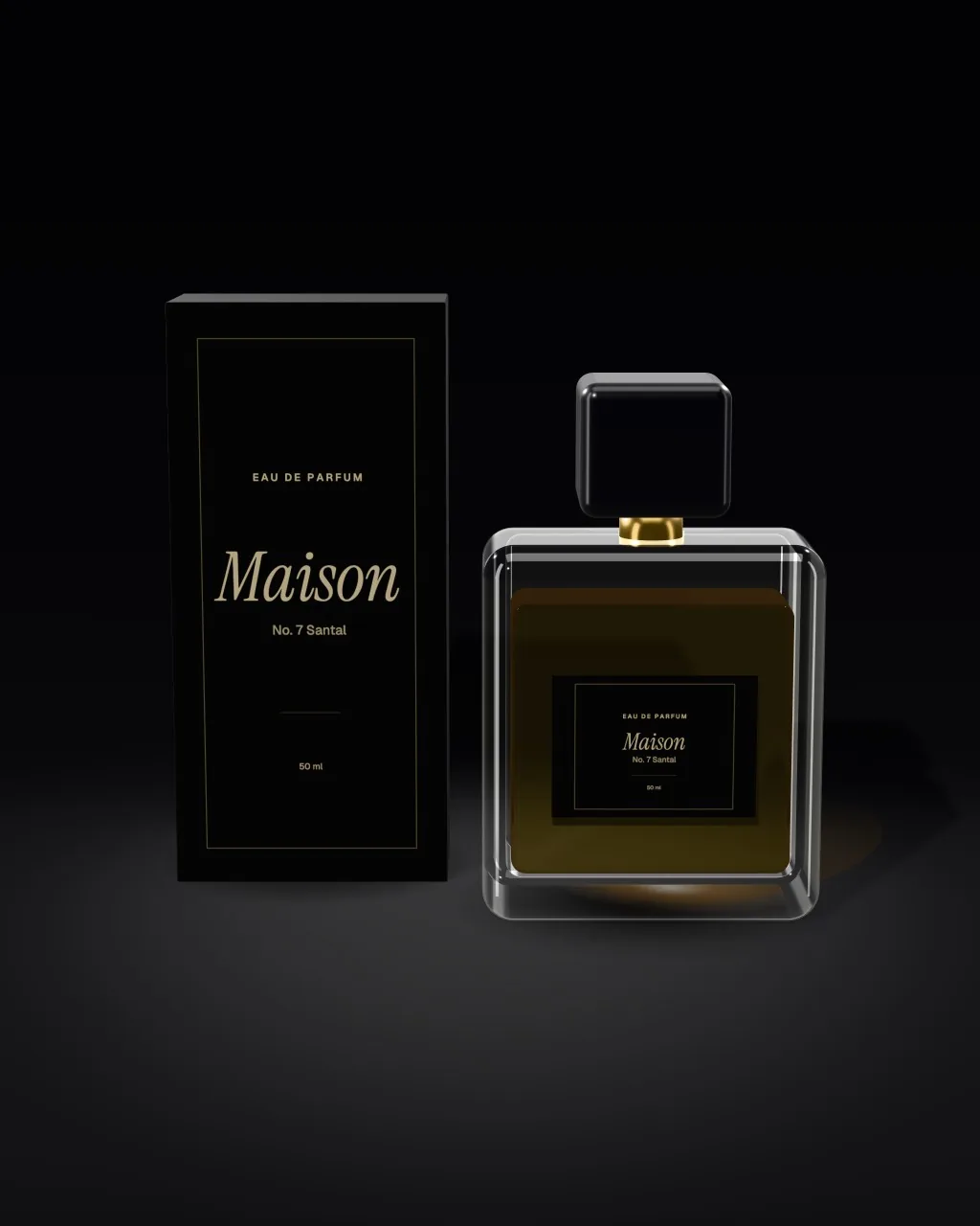 Mockup: Perfume e caixa sobre fundo preto