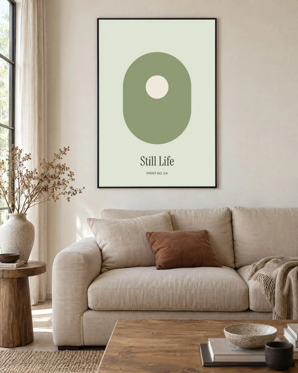 Mockup: Póster enmarcado sobre sofá de lino