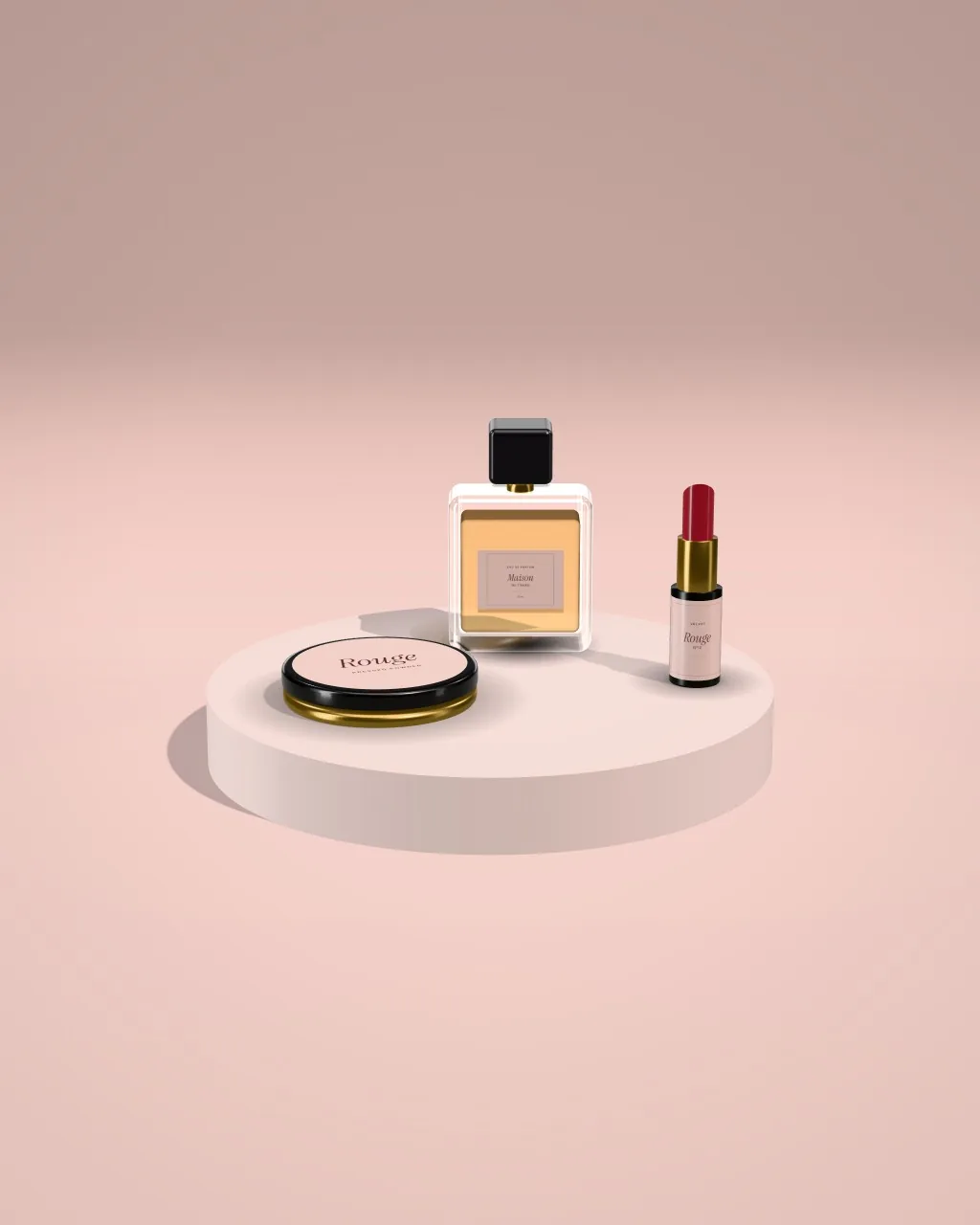 Mockup: Set de belleza sobre un podio rosa palo