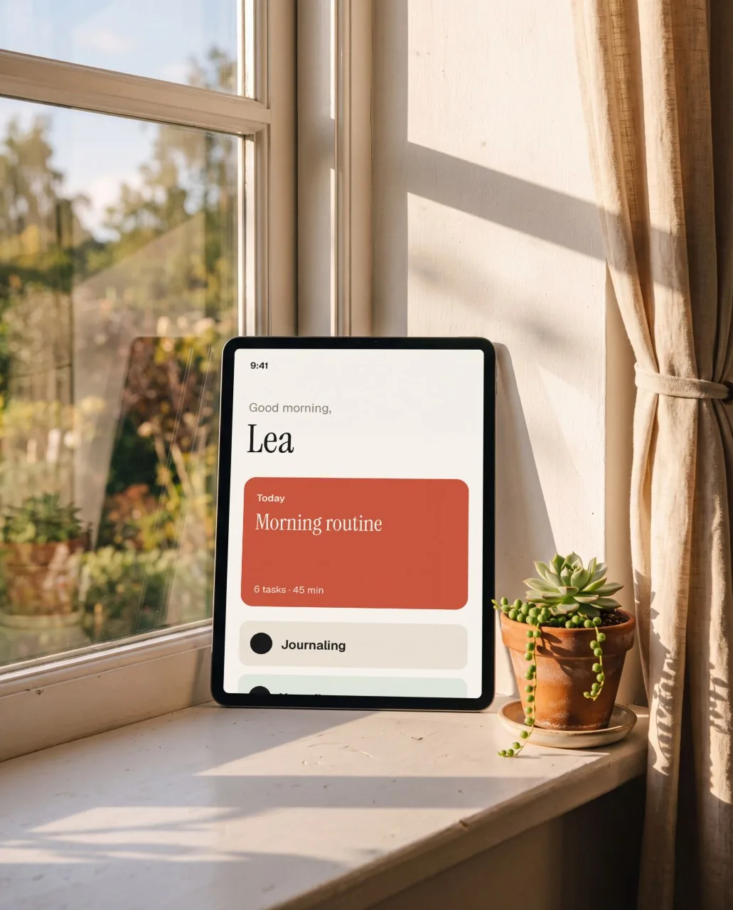 Mockup: Tablet en alféizar soleado
