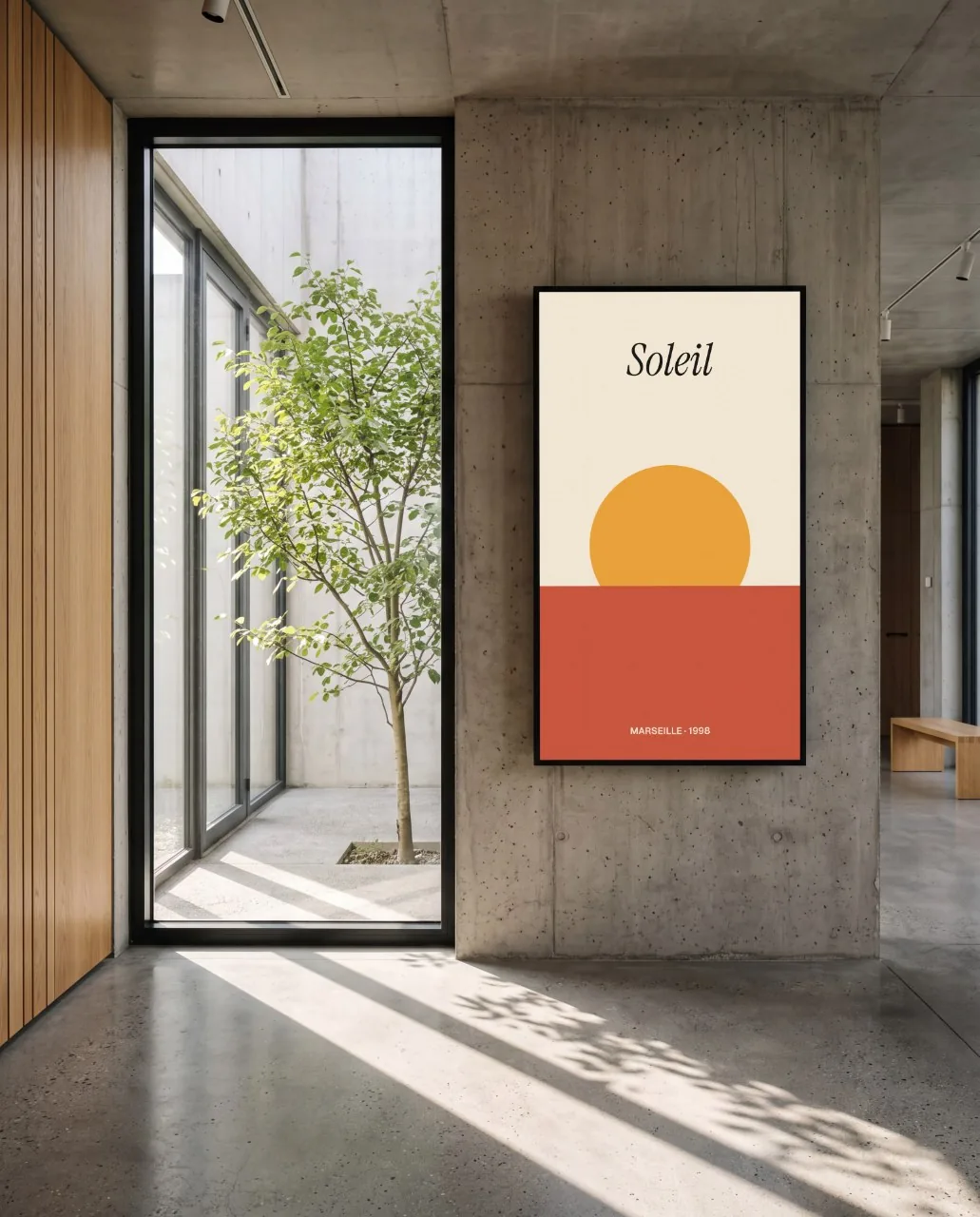 Mockup: Tela vertical em lobby de concreto