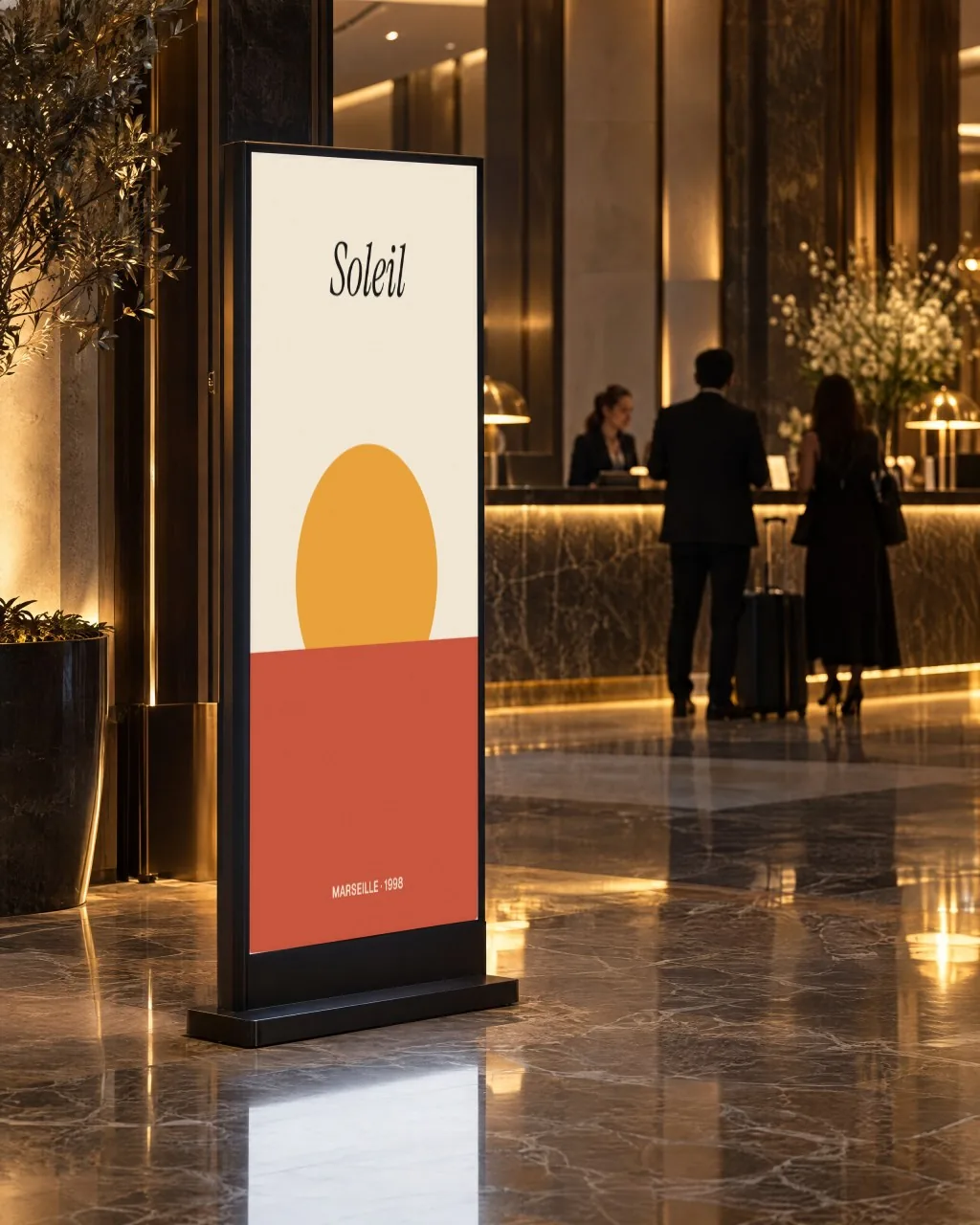 Mockup: Tótem digital en el lobby de un hotel