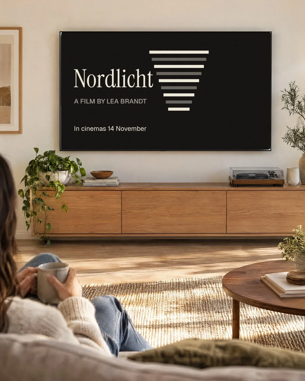Mockup: TV sobre aparador de roble