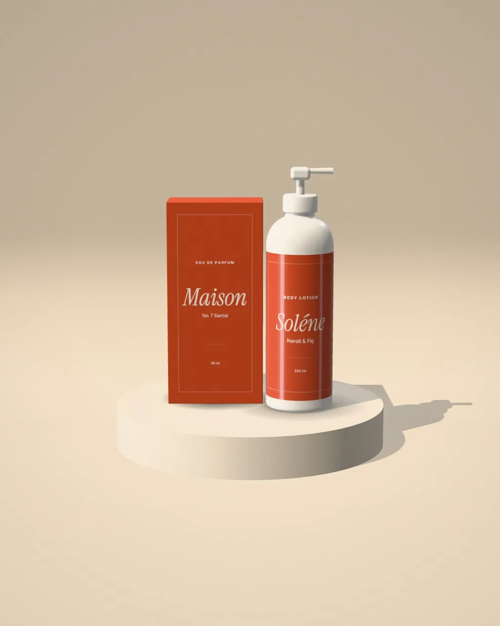 Box + bottle · Sand plinth mockup