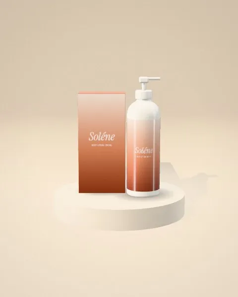 Box + bottle · Sand plinth mockup