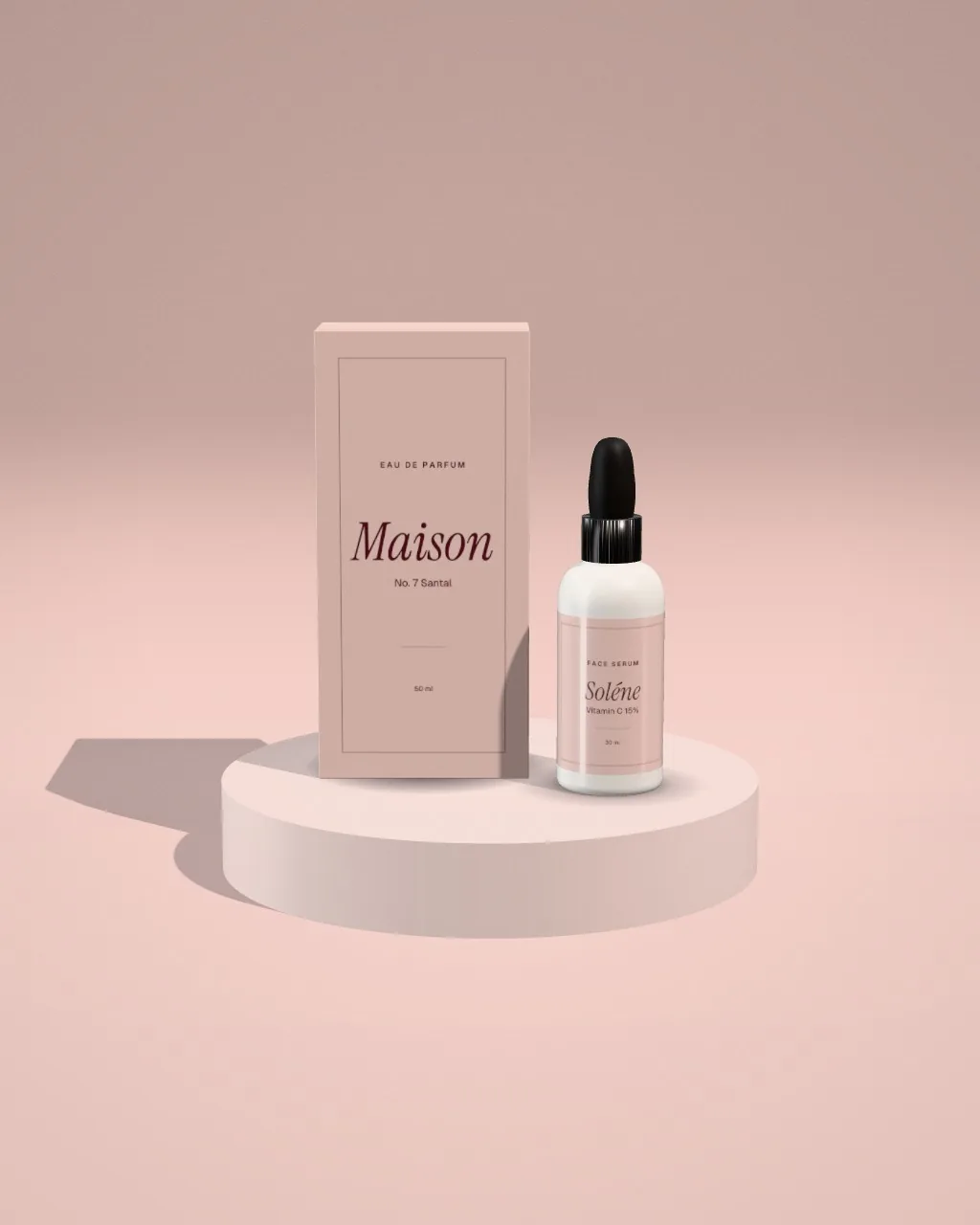 Box + serum · Blush plinth mockup