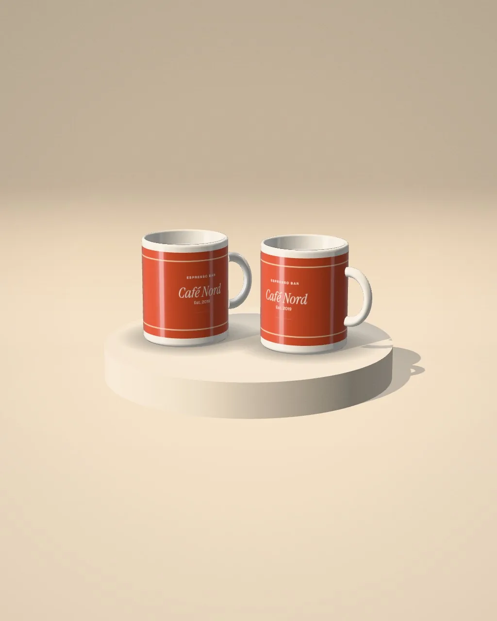 Mug duo · Sand plinth mockup