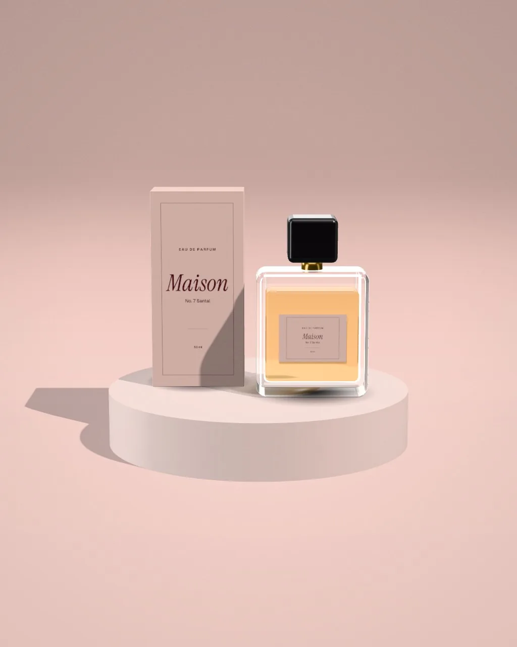 Perfume + box · Blush plinth mockup