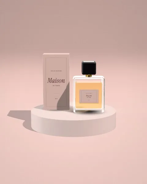 Perfume + box · Blush plinth mockup