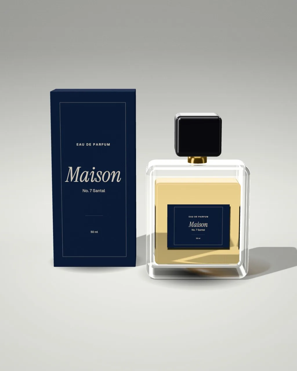 Perfume + box · Light studio mockup