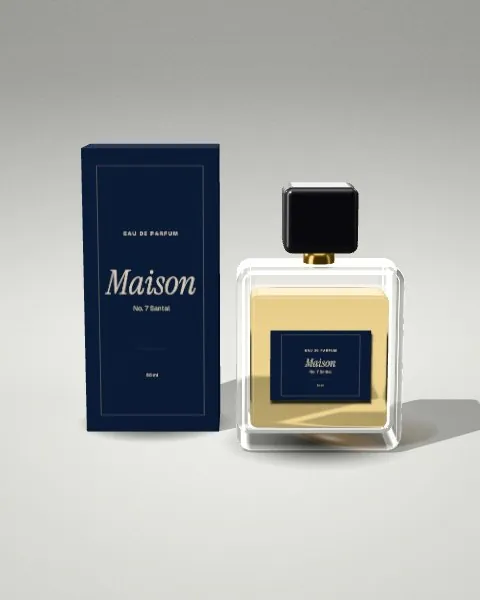 Perfume + box · Light studio mockup