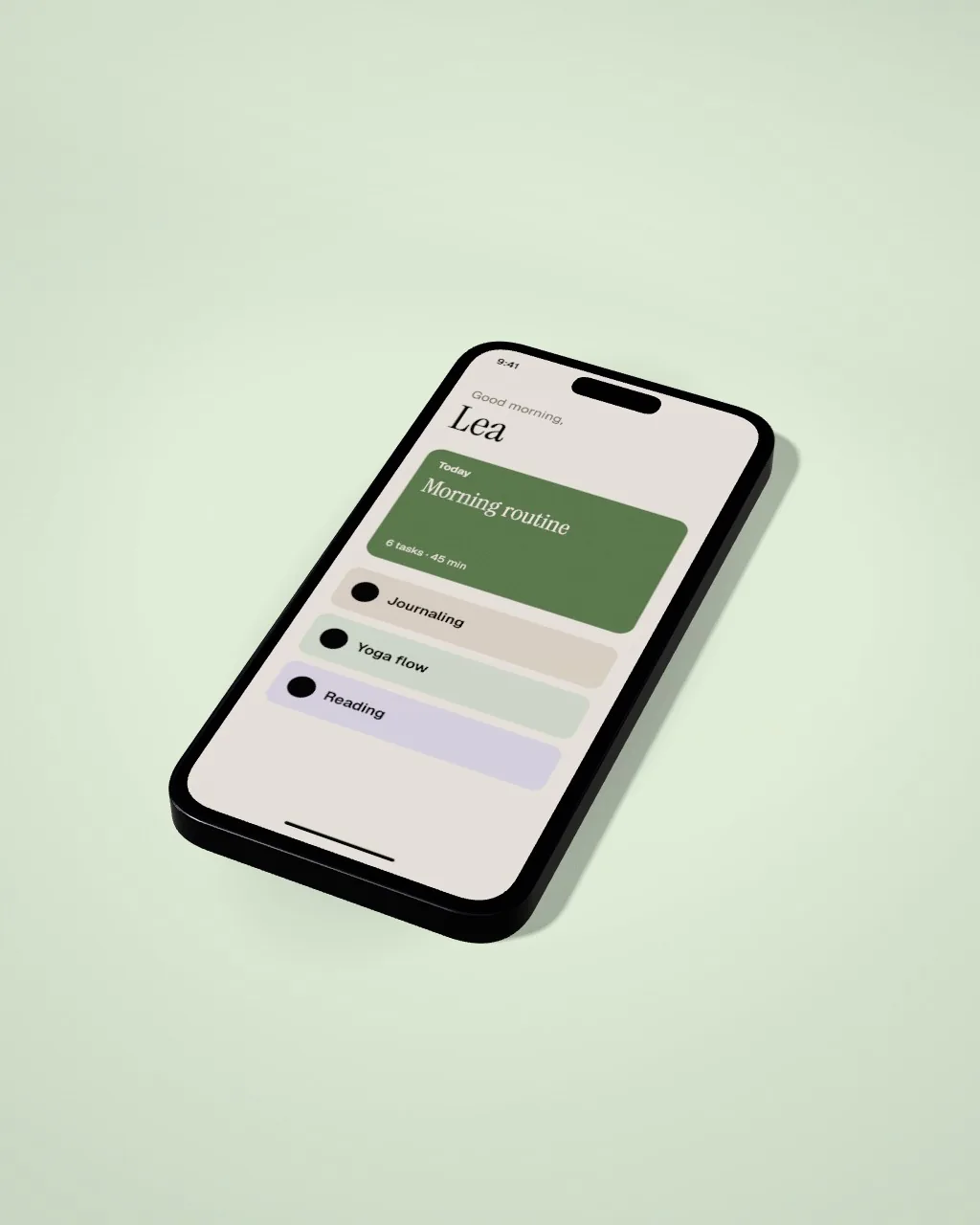 Smartphone lying flat · Sage · angled mockup