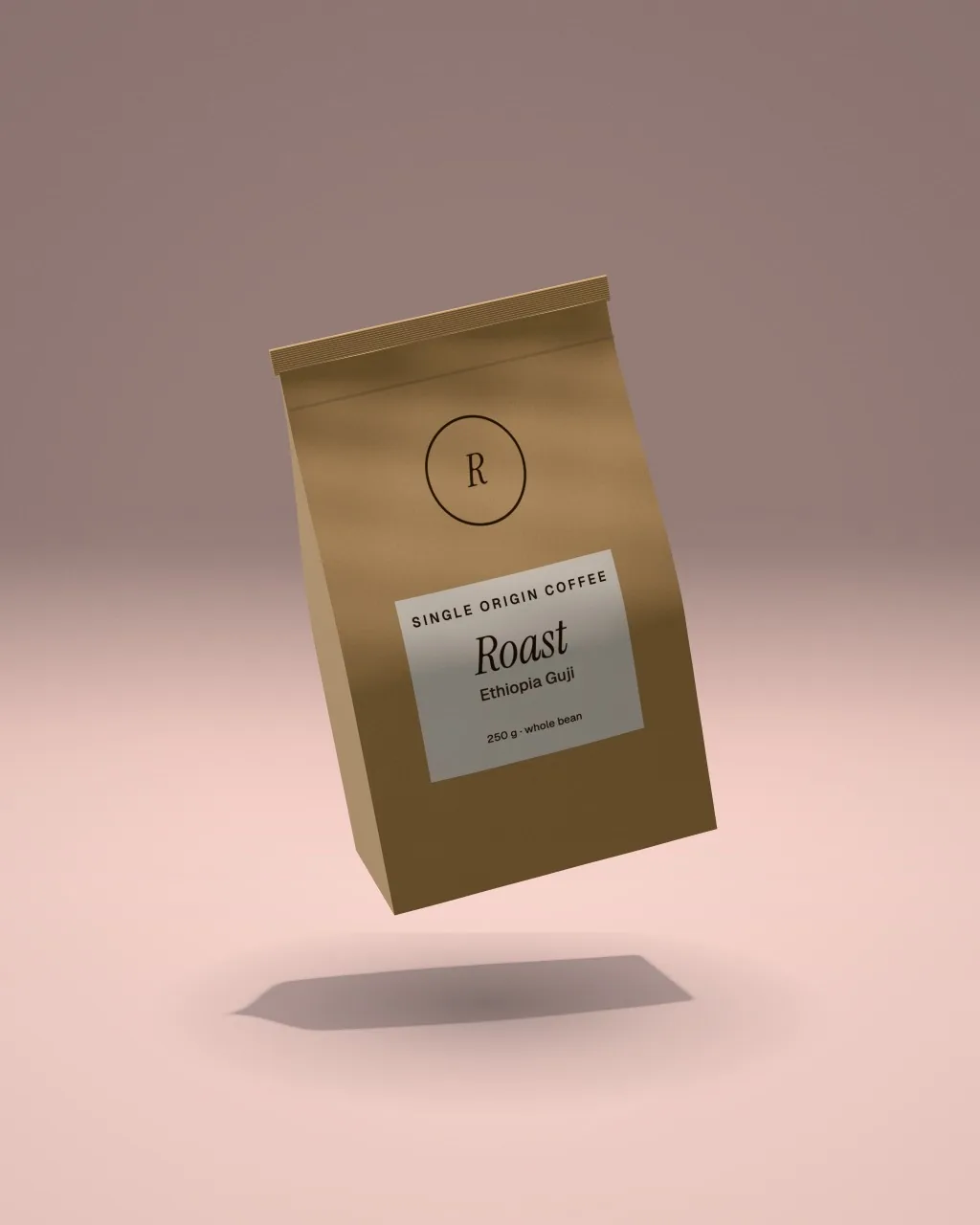 Mockup: Standbodenbeutel auf einem rosé Podest