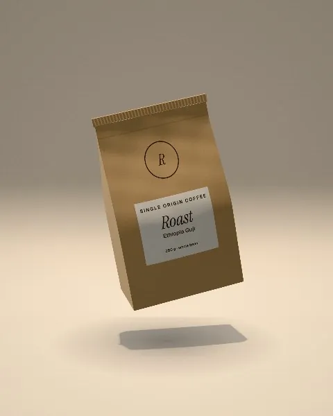 Stand-up pouch mockup on a sand plinth