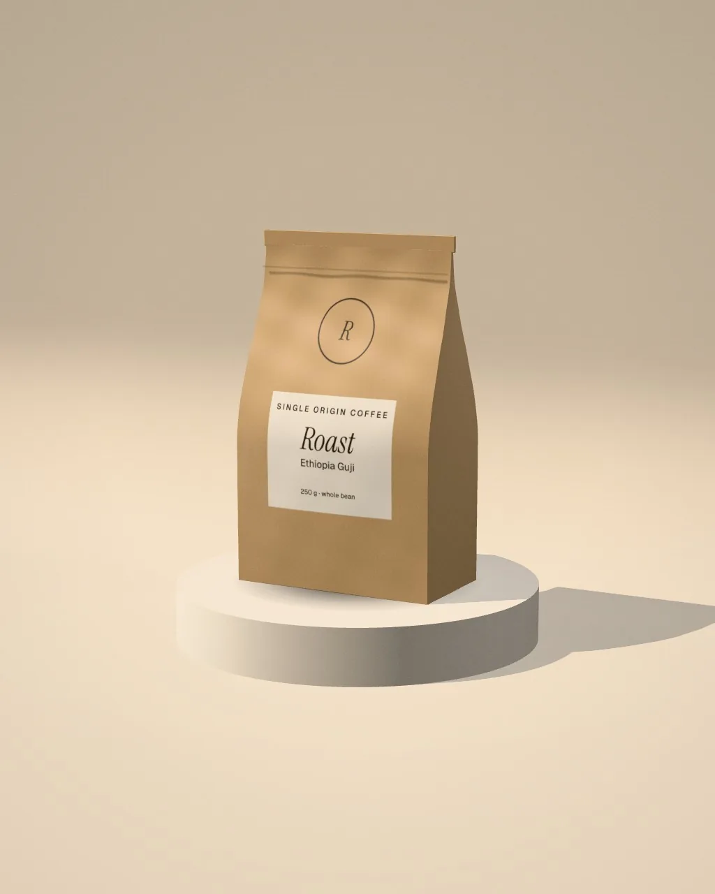 Stand-up pouch · Sand plinth · 3/4 mockup
