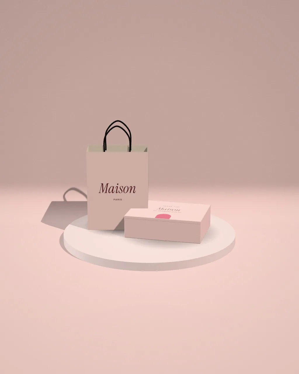Bag + mailer · Blush plinth mockup