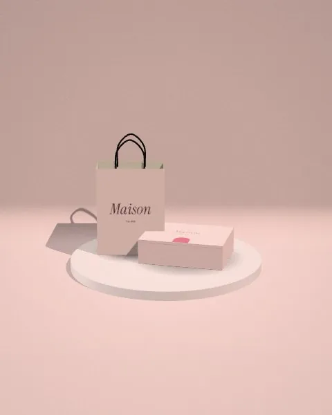 Bag + mailer · Blush plinth mockup