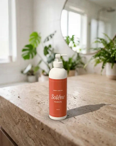Pump bottle · Travertine bathroom mockup