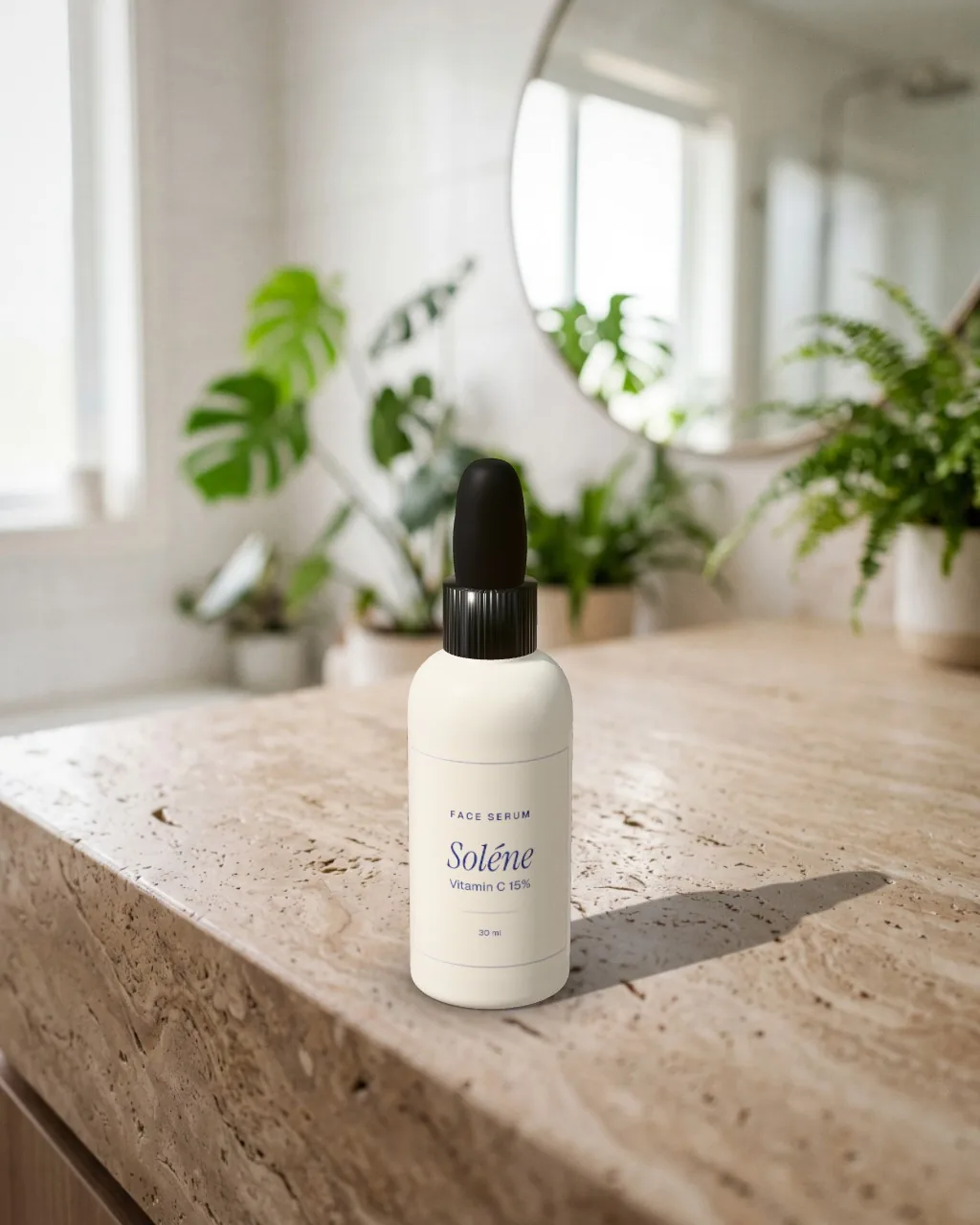 Serum bottle · Travertine bathroom mockup