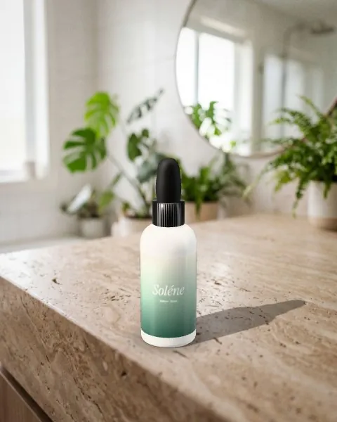 Serum bottle · Travertine bathroom mockup