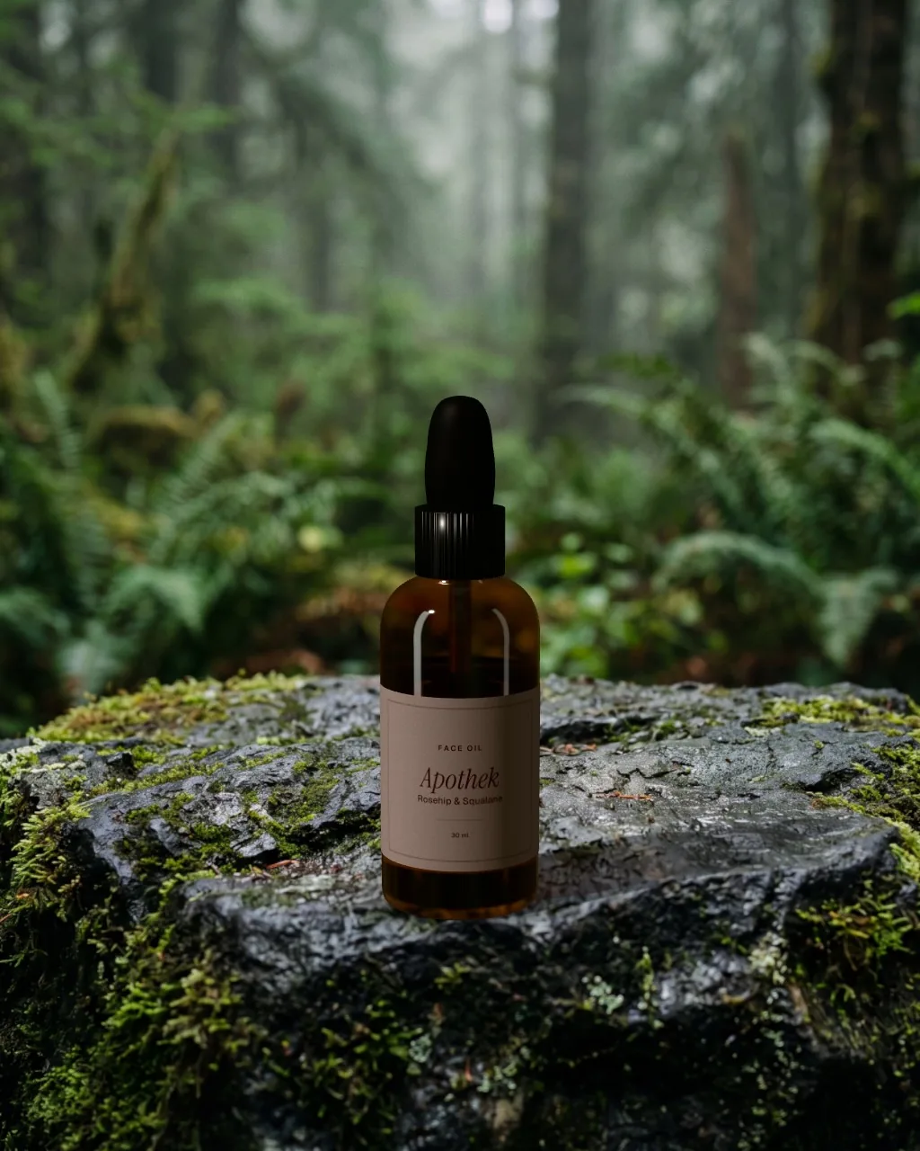 Amber dropper bottle · Forest rock mockup