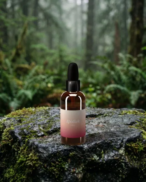 Amber dropper bottle · Forest rock mockup