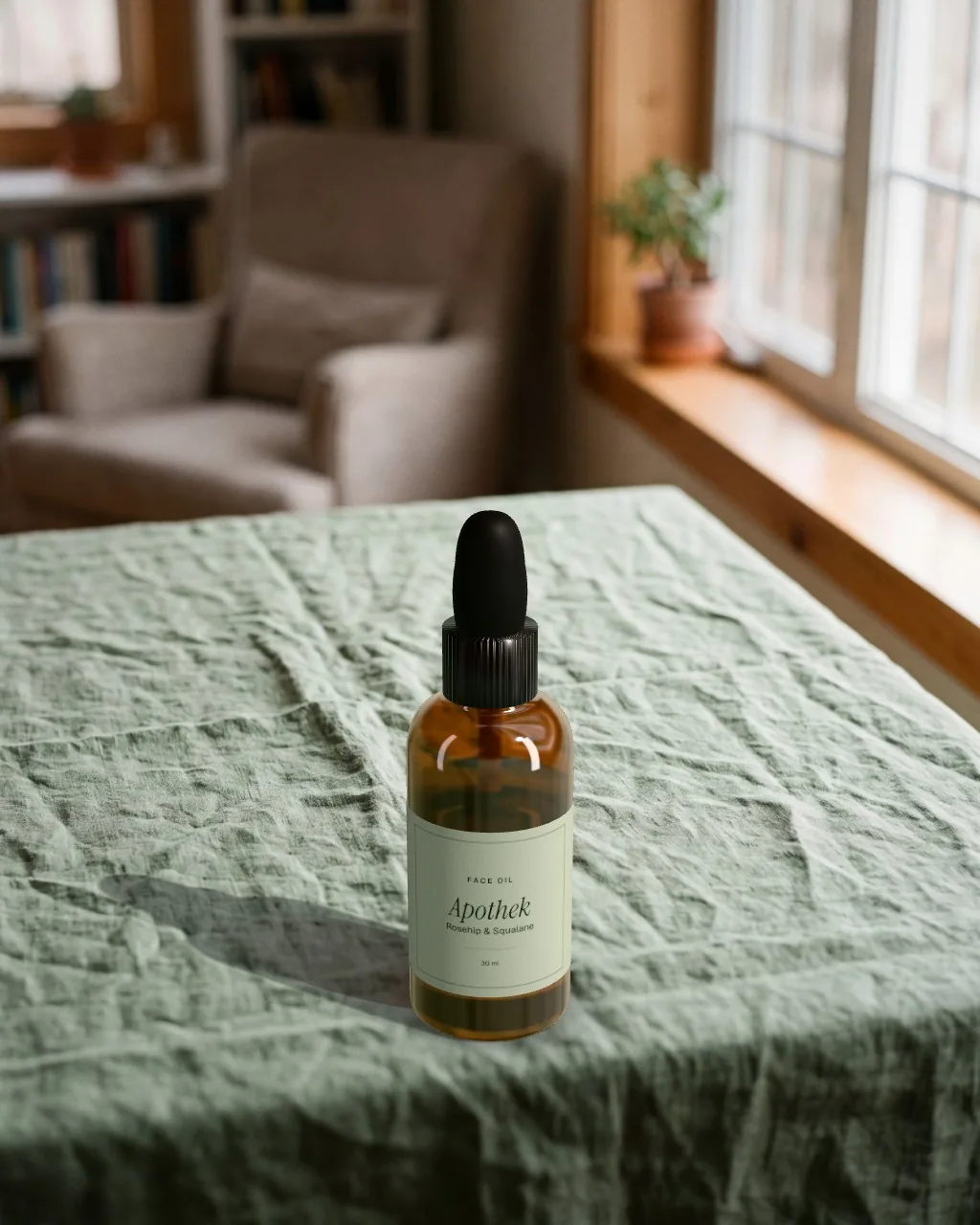Amber dropper bottle · Sage linen mockup