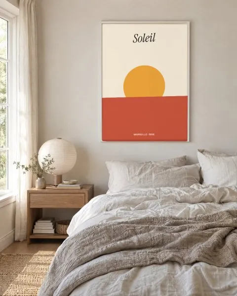 Framed poster above a bed mockup
