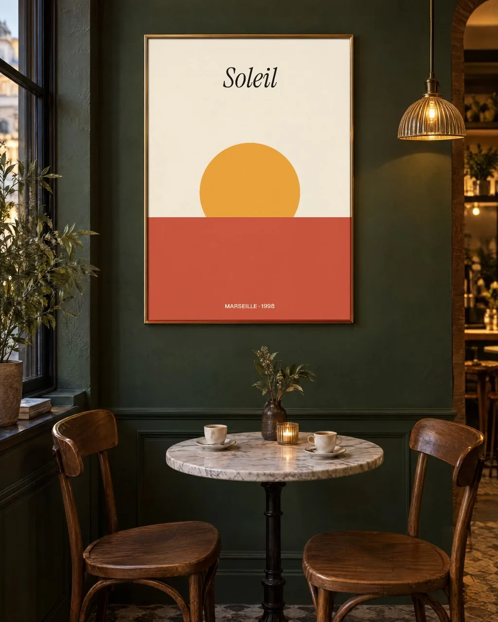 Framed poster in an evening café mockup