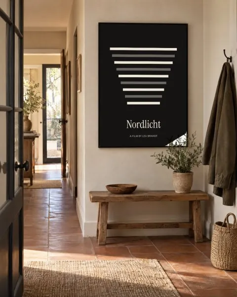Framed poster in a tiled hallway mockup