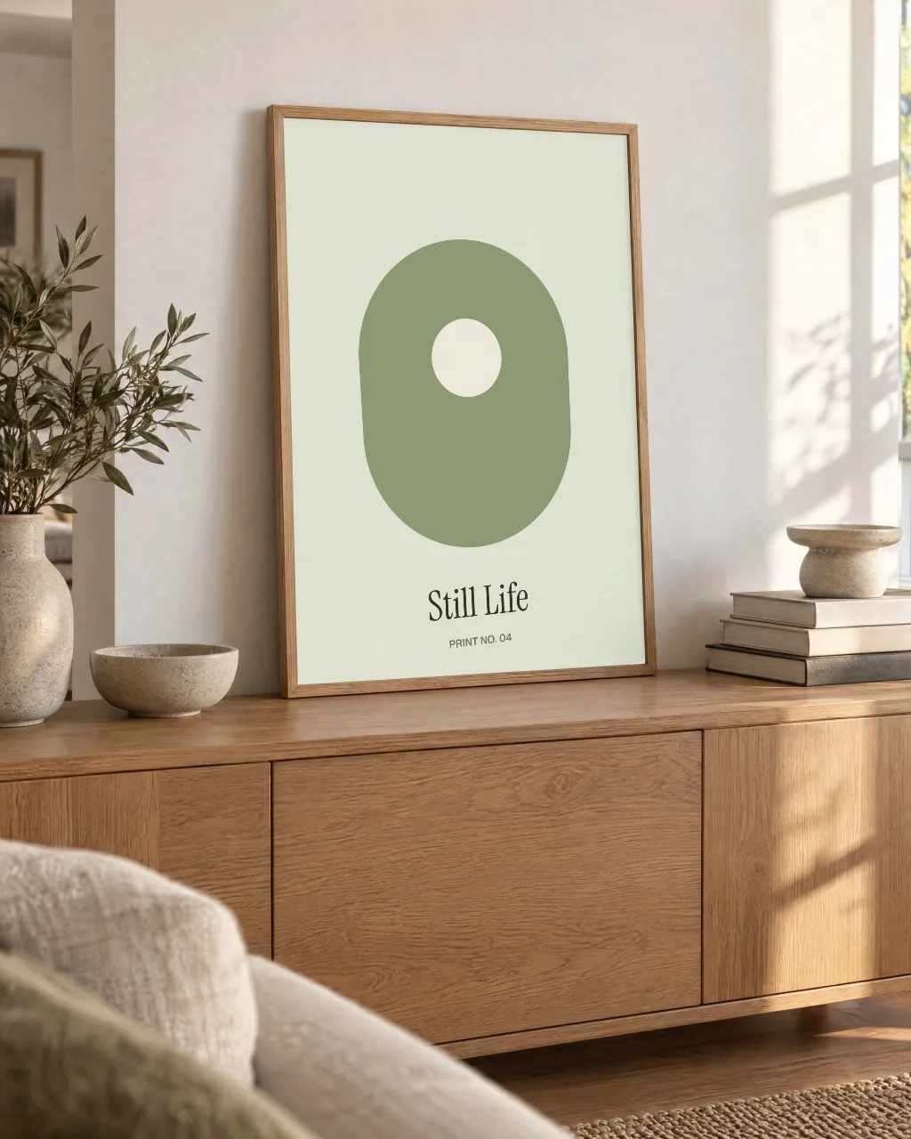 Oak frame leaning on a sideboard mockup