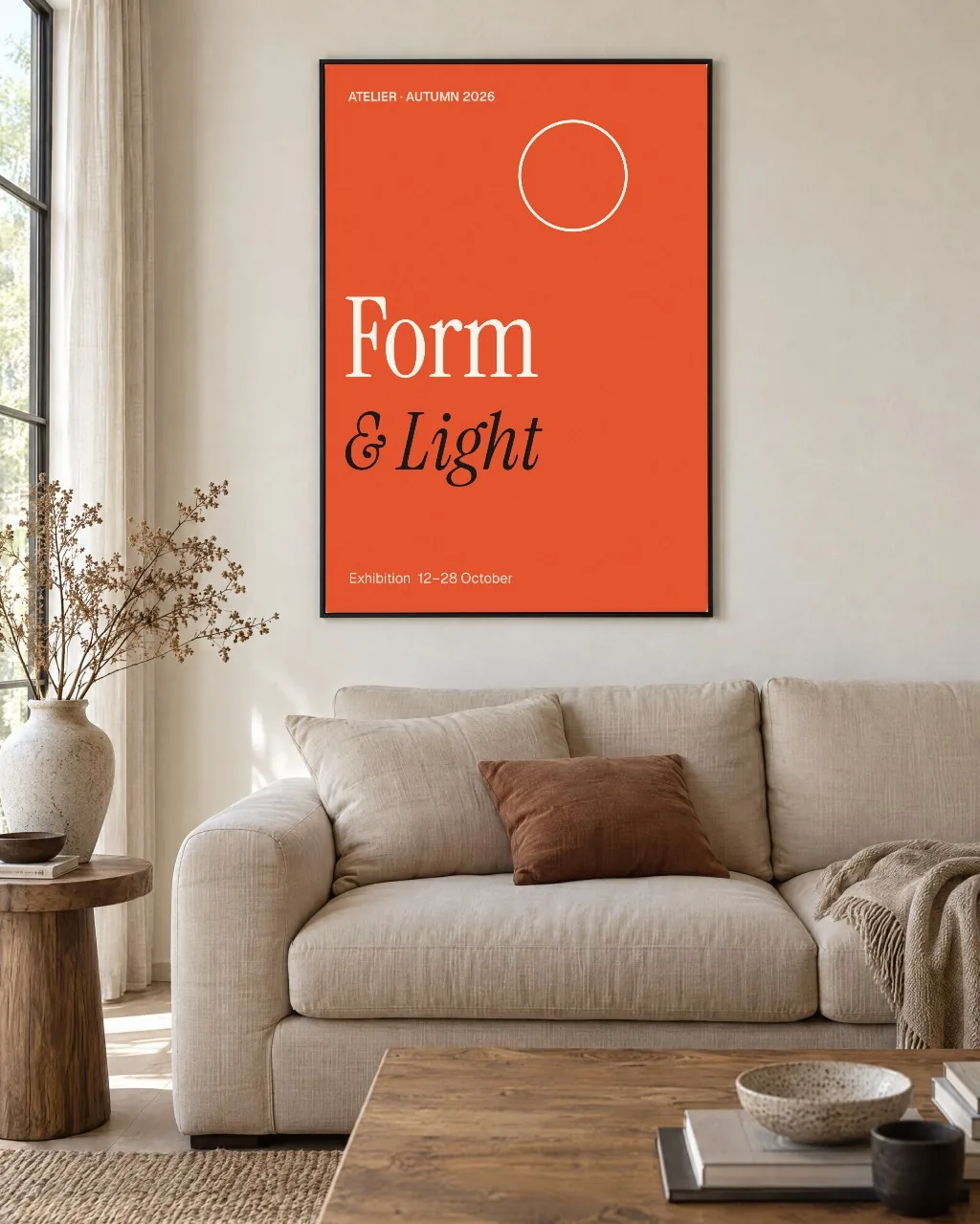 Framed poster above a linen sofa mockup