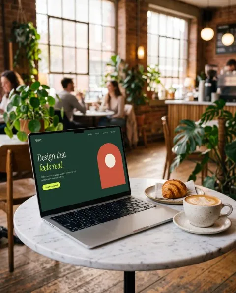 Café: laptop on marble mockup