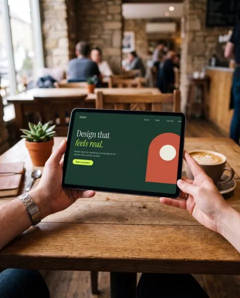 Café: tablet in hands mockup