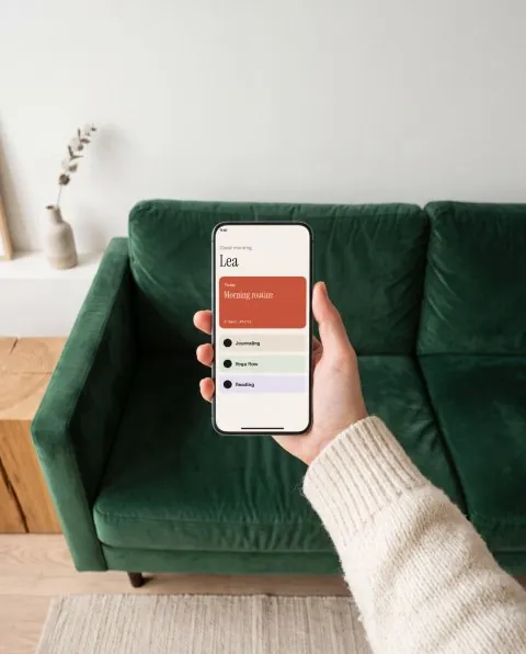 Phone in hand, green sofa mockup