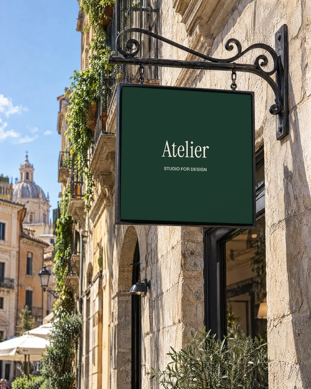 Hanging sign on a stone facade mockup